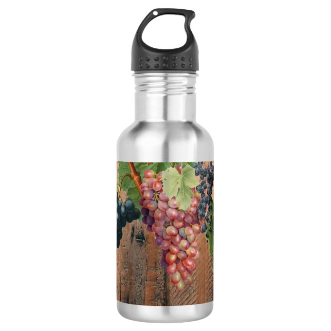 Botella De Agua Viñedo Rústico Madera & Uvas (Anverso)