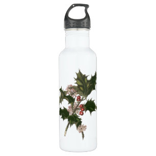 Botella De Agua Vintage Christmas, Green Holly Planta con Berries