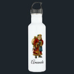 Botella De Agua Vintage Christmas Old World Santa Claus<br><div class="desc">Botella de agua personalizada con un viejo Navidad del Mundo Santa Claus. El clásico santa del viejo mundo, con su famoso abrigo rojo y llevando una bolsa llena de juguetes. Este Santa de la vieja usanza es delgado y tiene un bastón para caminar por la tierra regalando juguetes a todos...</div>