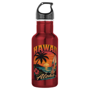Botella De Agua Vintage Hawaiian Sunset Palms Surfboard Aloha