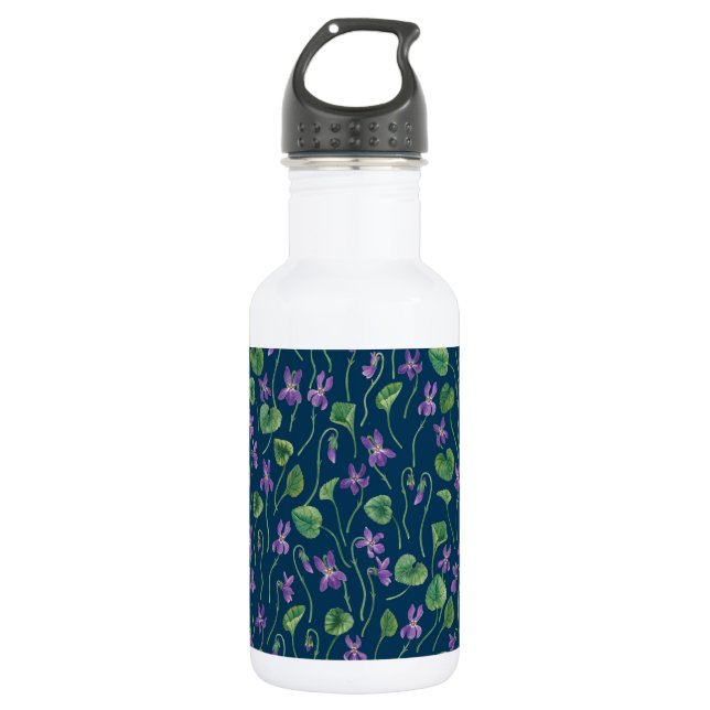 Botella De Agua Violetas acuarela sobre azul (Anverso)