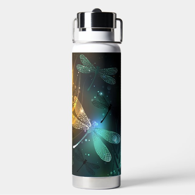 Botella De Agua Vuelo de libélula luminosa verde (Reverso)