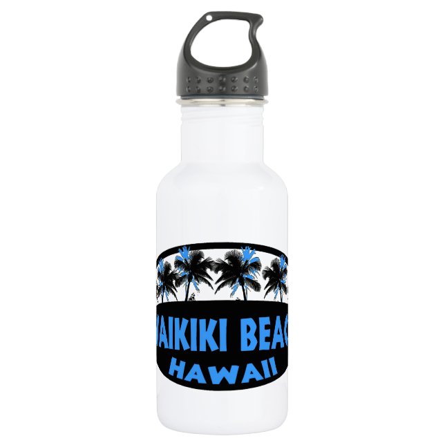 Botella De Agua Waikiki Beach Hawaii palmas negras azules (Anverso)