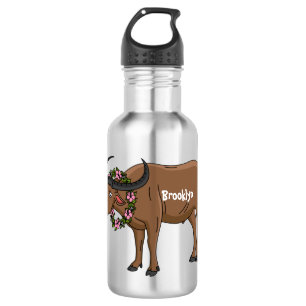 Botella De Agua Water buffalo with flowers cartoon illustration