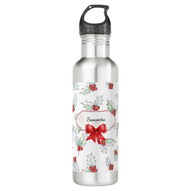 Botella De Agua Watercolor Holly Berries  Red Ribbon Custom  (Anverso)
