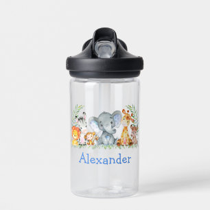 Botella De Agua Watercolor Safari Jungle Baby Animals Nombre Azul