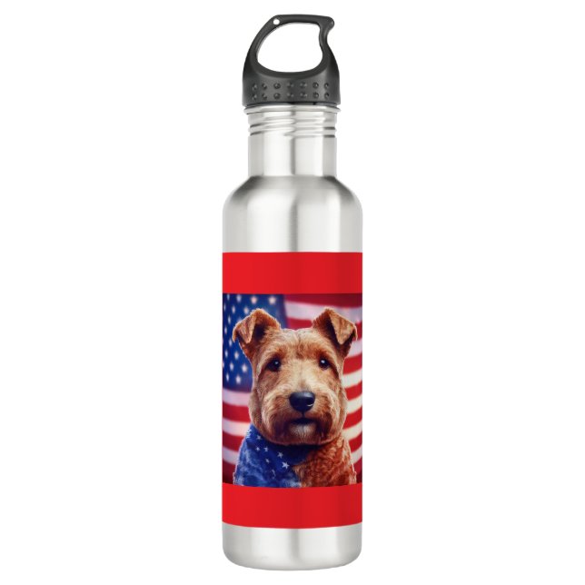 Botella De Agua Welsh Terrier Con Bandera Estadounidense Y Bandana (Anverso)