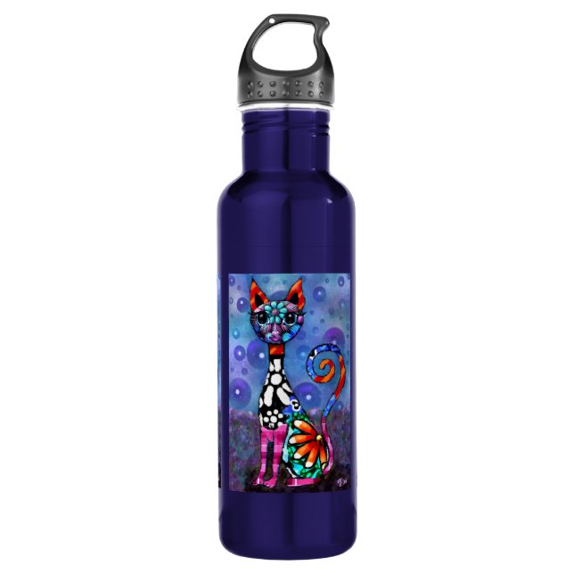 Botella De Agua Whimsical Big-Eyed Funky Abstract Kitty Cat (Anverso)