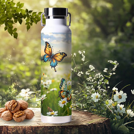 Botella De Agua Whimsical Blue Orange Butterflies in Daisy Meadow
