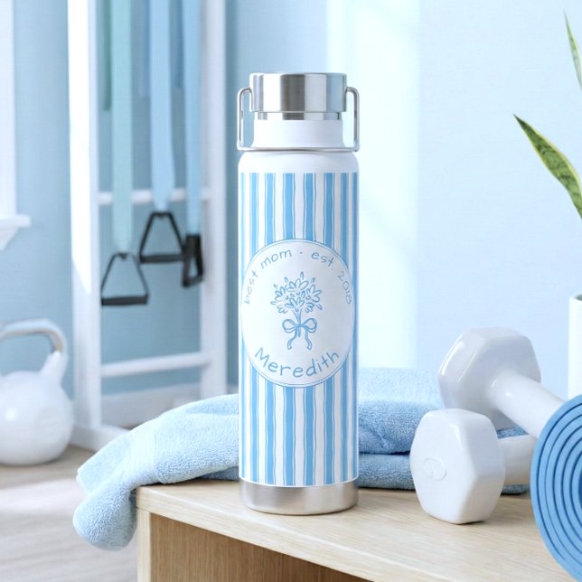 Botella De Agua Whimsical Blue White Stripe Preppy Mom Established (Subido por el creador)