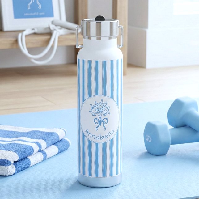Botella De Agua Whimsical Blue White Stripe Preppy Monogram (Subido por el creador)