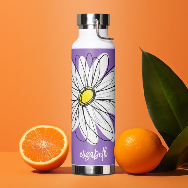 Botella De Agua Whimsical Daisy - orquídea - nombre de guión moder (Personalized water bottle with custom text - whimsical daisy)