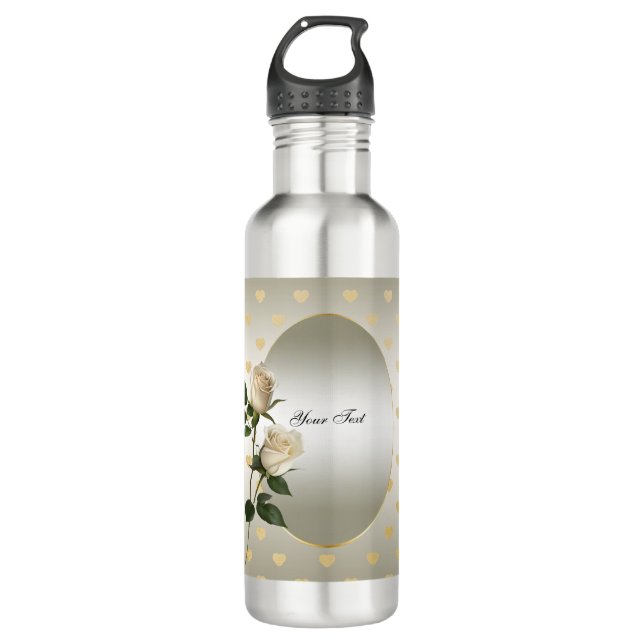Botella de agua White Roses Gold Hearts (Anverso)