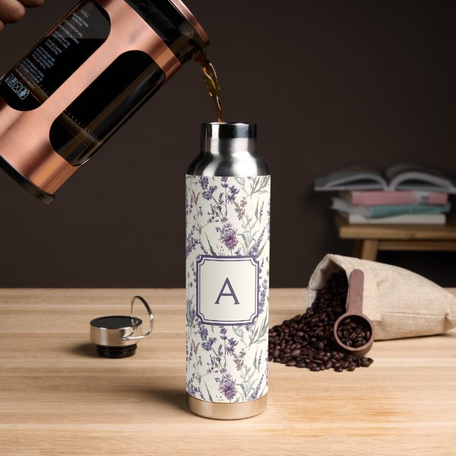 Botella De Agua Wildflower Lavender Boho Botanical Floral Monogram (Café)
