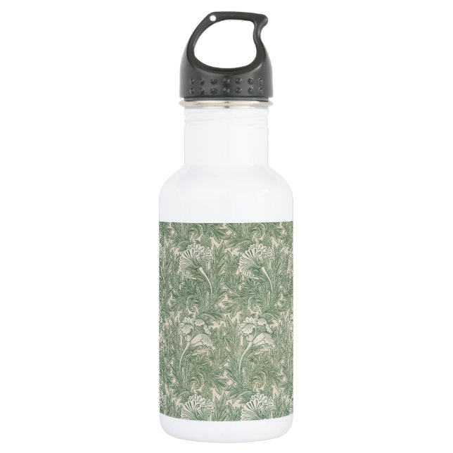 Botella De Agua William Morris Verde Salvia Estampado de Tulipán:  (Anverso)