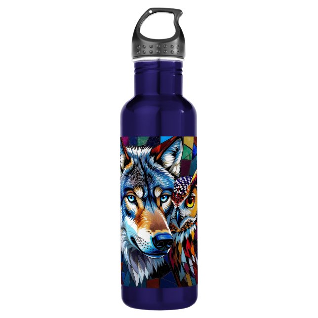 Botella De Agua Wolf and Owl Vibrant and Colorful  (Anverso)