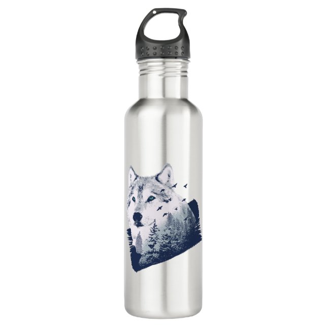 Botella De Agua Wolf Blue Forest Grunge (Anverso)