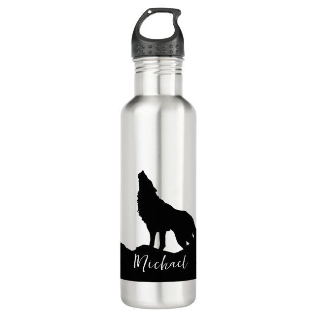 Botella De Agua Wolf Pop Art Tu Nombre Personalizado Blanco Negro (Anverso)