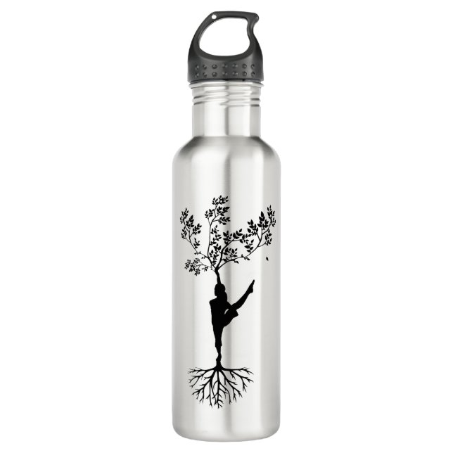 Botella De Agua Yoga en árbol de mujeres silhouette (Anverso)