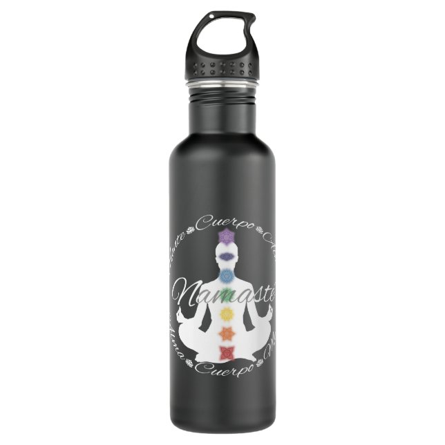 Botella De Agua Yoga Loto Chakras Namaste Blanco (Anverso)