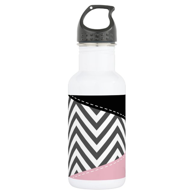 Botella De Agua Zigzag gris, Chevron gris, Patrón de zigzag, Rosa (Anverso)
