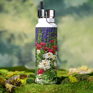 Botella De Agua Zinnia y Blue Salvia Garden Floral
