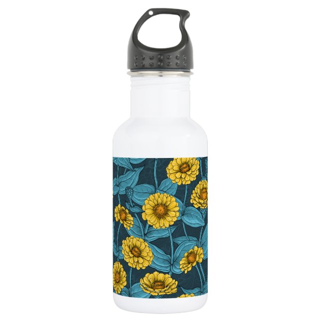 Botella De Agua Zinnias amarillas en azul oscuro (Anverso)