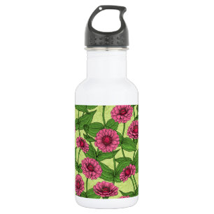 Botella De Agua Zinnias rosas sobre verde claro