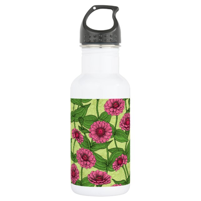 Botella De Agua Zinnias rosas sobre verde claro (Anverso)