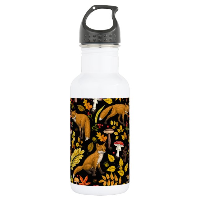 Botella De Agua zorros otoñales sobre negro (Anverso)
