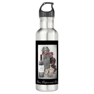Botella de vino con Carrier, uvas y Rosas