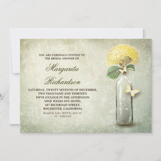Botella de vino y flores amarillas invitaciones a  (Anverso)