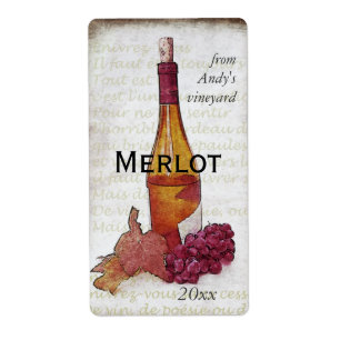 botella de vino y pegatina de las uvas