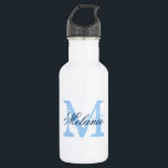 Botellas de agua boda monograma azul personalizada<br><div class="desc">Botellas de agua boda monogramadas personalizadas. Letra inicial de nombre vintage con tipografía caligráfica de guión elegante para el nombre. Diseño monocasco para la moda rústica con ducha de novia o elegante fiesta de boda. Personalizable con nombre, presupuesto o título. Haz lo que quieras para que la novia sea y...</div>