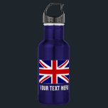 Botellas de agua británicas personalizadas de la<br><div class="desc">Botellas de agua británicas personalizadas del acero inoxidable de la bandera de Union Jack. Botella de agua metalizado brillante de encargo en muchos colores. Grande para los equipos y las actividades al aire libre de deportes. el baloncesto del IE, el béisbol, el fútbol, el tenis, el fútbol, el voleibol, el...</div>
