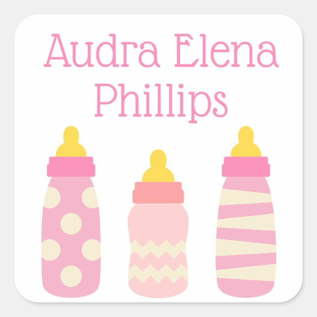 Botellas de bebé rosadas Pegatinas personalizados (Anverso)