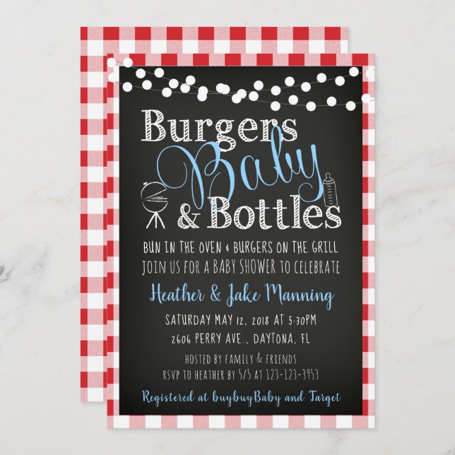 Botellas de Gingham Burgers, invitación de Baby Sh (Anverso / Reverso)