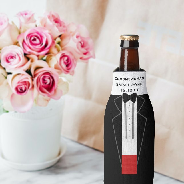 Botellas Enfriador de botella de esmoquin para dama de hono (Just add your Groomswoman's name and wyour wedding date to this tuxedo bottle cooler)