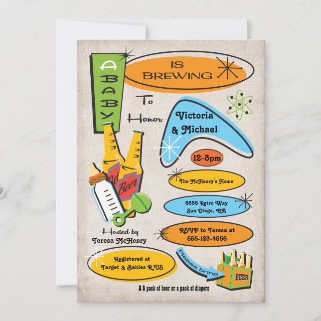 Botellas y cervezas retro invitaciones a la ducha  (Anverso)