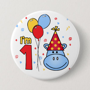 botón Azul Hippo Face Primer Cumpleaños Pinback