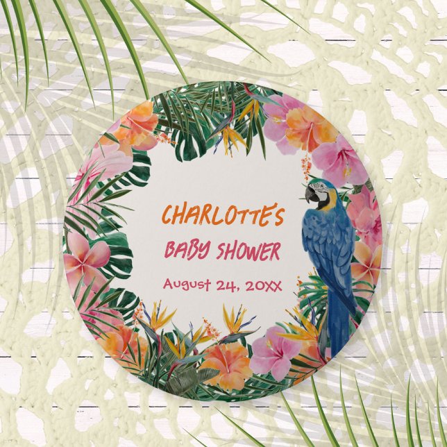 botón Baby Shower del loro de la jungla tropical (Zazzle Tropical Jungle Parrot Baby Shower Button ©Susanne Sachers - Sunny Mind 🌞)