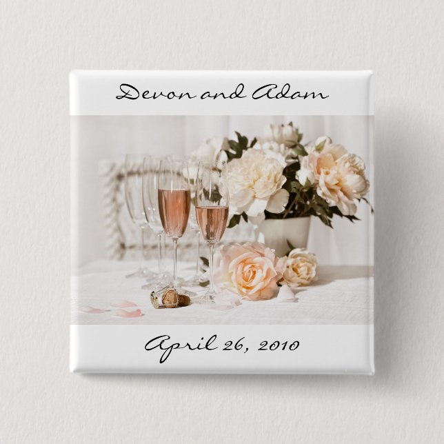 Botón Champán del favor de la boda y flores (Anverso)
