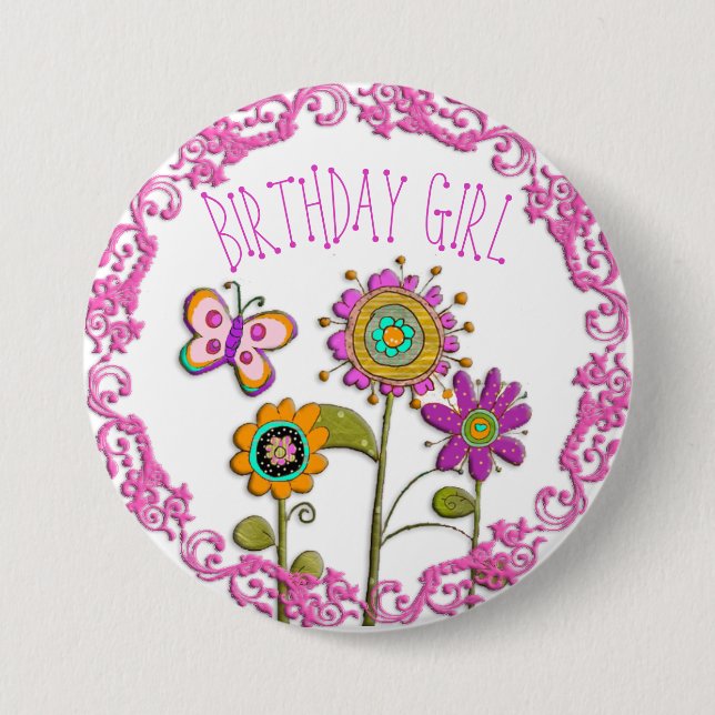 botón Chica Folksy Whimsical Floral Birday (Anverso)