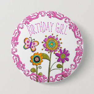 botón Chica Folksy Whimsical Floral Birday