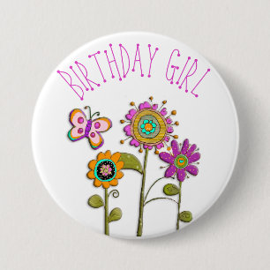 botón Chica Folksy Whimsical Floral Birday