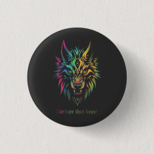 Botón con la colorida cara de lobo tribal
