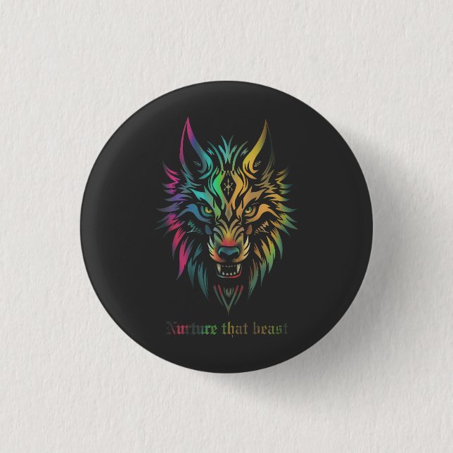 Botón con la colorida cara de lobo tribal (Anverso)