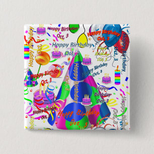 Botón Cuadrado de Cumpleaños de Octubre de 3