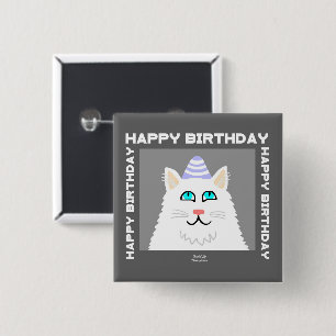 botón Cuadrado de gato blanco floffy de cumpleaños