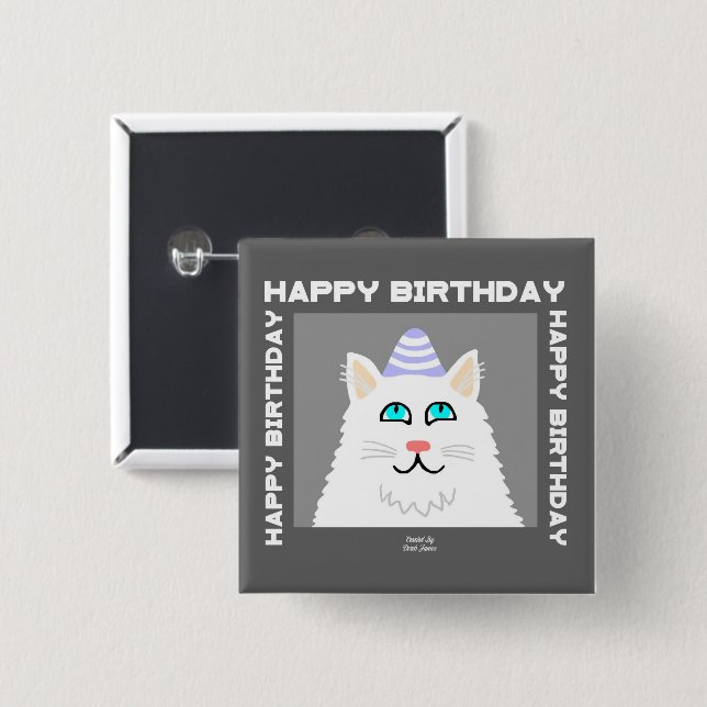 botón Cuadrado de gato blanco floffy de cumpleaños (Anverso y reverso)